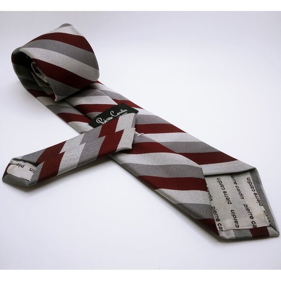 Pierre Cardin Paris New York Men's Tie Burgundy Gray Stripes Logo 60" L x 3.25"W - Picture 5 of 13